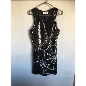 Black Sequin Spiderweb Mini Dress with Silver Detail
